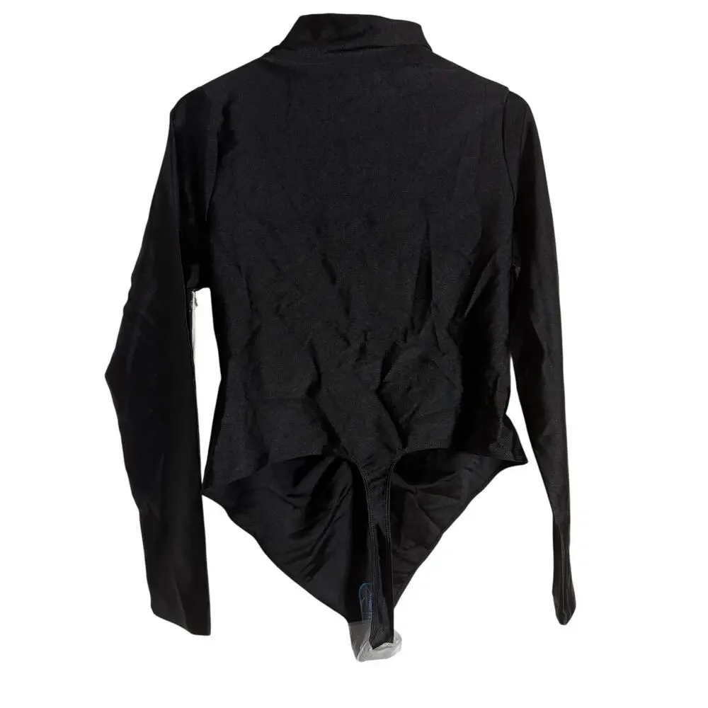 Good American Good Touch Disco Ruched Mock Neck Thong Bodysuit Black Size XXL